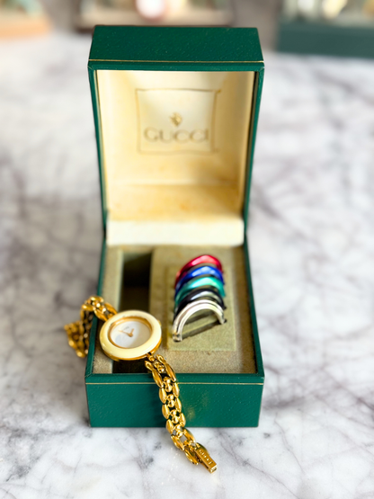 Vintage Gucci Half Interchangeable Bezel Watch Set | Gold Rice Link