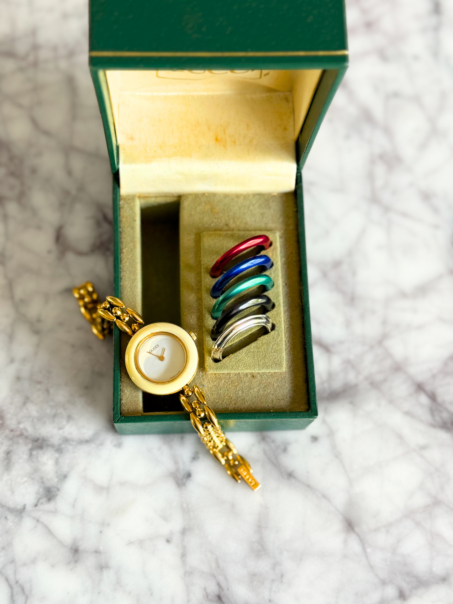 Vintage Gucci Half Interchangeable Bezel Watch Set | Gold Rice Link
