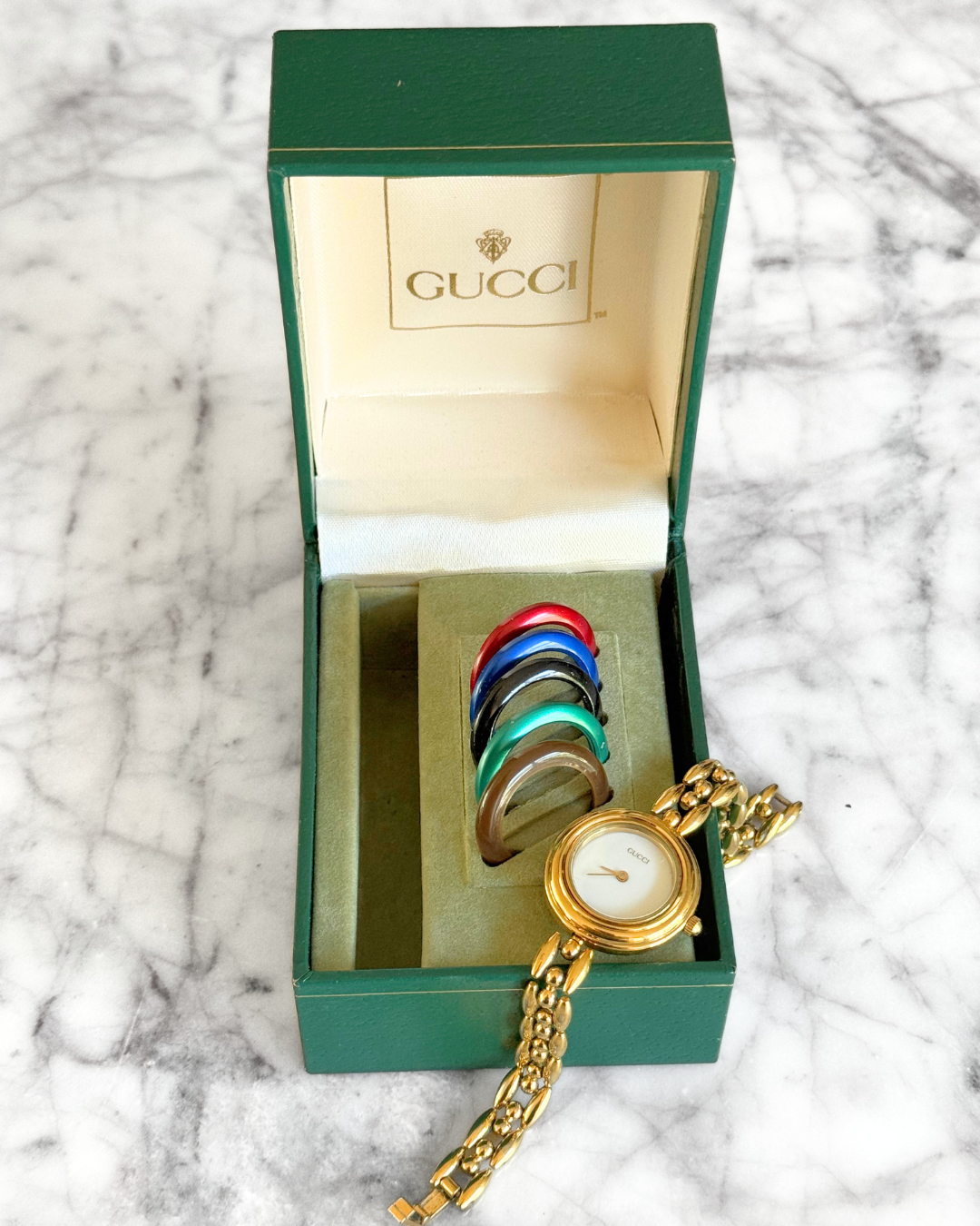 Vintage Gucci Half Interchangeable Bezel Watch Set | Gold Rice Link