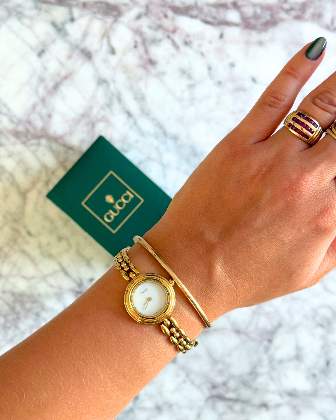 Vintage Gucci Half Interchangeable Bezel Watch Set | Gold Rice Link