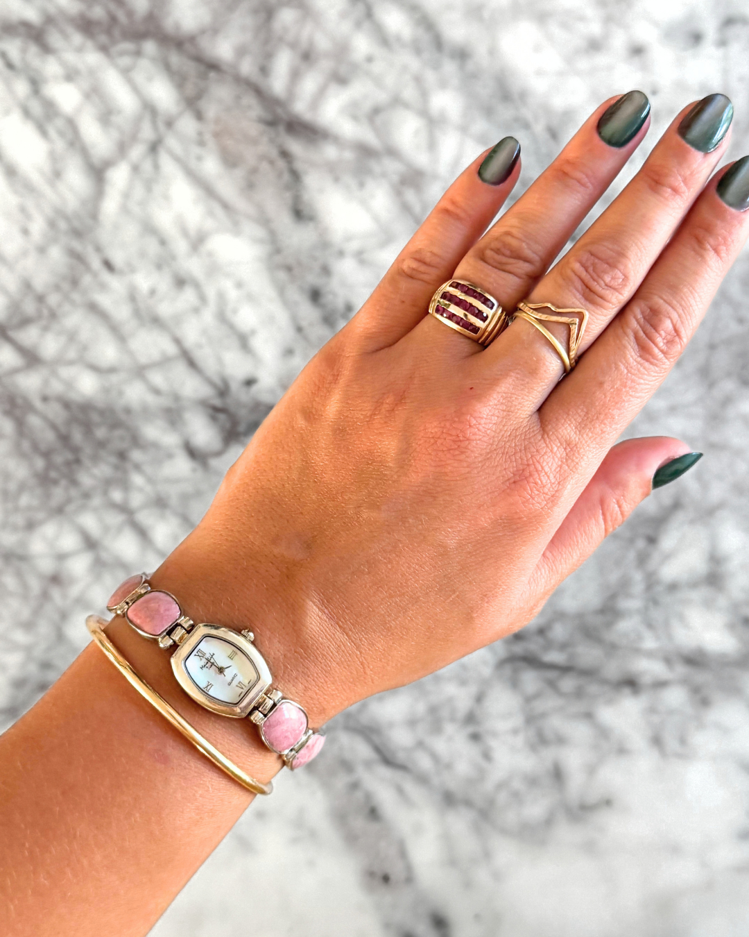 Natural Pink Gemstone & Sterling Silver Watch